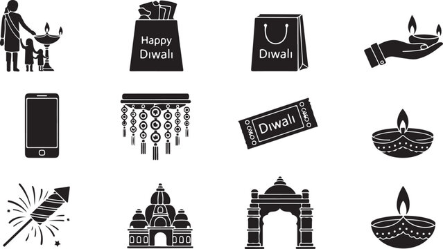Diwali icons, Diwali festival symbols, Indian celebration elements, black vector graphics isolated PNG with Transparent Background