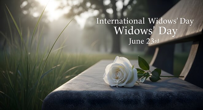 International Widows' Day Remembrance Banner with Single White Rose on Empty Park Bench on June 23