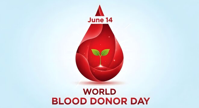 World Blood Donor Day Banner with Red Droplet and Small Green Plant Sprout on June 14