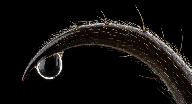 Extreme Macro Photography of a Spider Leg with a Clear Water Droplet on Black Background