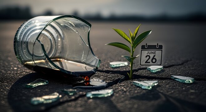 June 26 International Day Against Drug Abuse Banner with Broken Glass Tumbler and Green Sprout Growing from Ground Crack