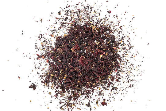 Premium Pure Rosella Hibiscus Fine Cut Loose Tea Leaves &ndash; Vibrant Herbal Infusion with Natural Tart Flavor and Rich Antioxidant Goodness on Transparent Background.