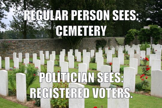 Politics and registered voters in cemetery funny meme for social media sharing. Black humor with election problems.