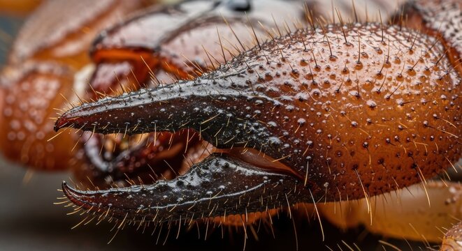 Extreme Macro Shot of a Scorpion Claw Showing Detailed Texture and Sensory Hairs for Scientific and Nature Education