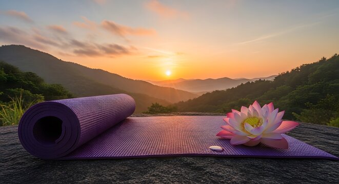 Serene Sunrise Mountain Landscape with Unrolled Purple Yoga Mat and Pink Lotus Flower Foreground