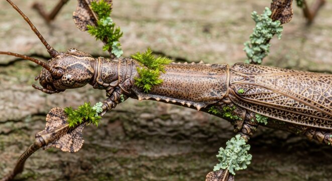 Close-up of a Mossy Stick Insect with Incredible Camouflage on Tree Bark
