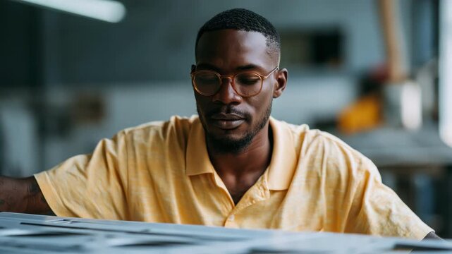 Focused man worker in a workshop portrait examining metal sheet for production background and industrial banner design