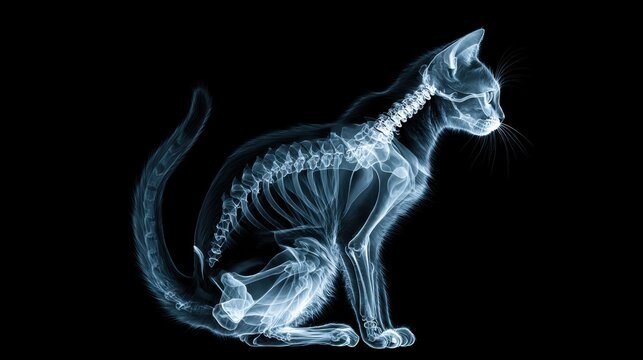Scientific x-ray image of a cat skeleton showing anatomy structure and veterinary medical research details