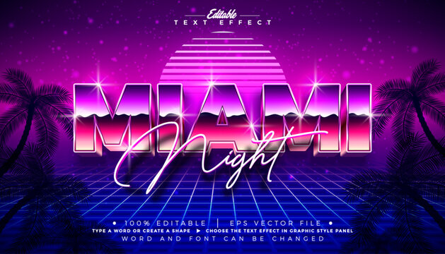 Miami Night Editable Text Effect Graphic Style with Chrome Typography Lettering on Retro Palm Beach Background. Premium Scalable Mockup Illustration Template for Greeting Card, Party Flyer, Sale