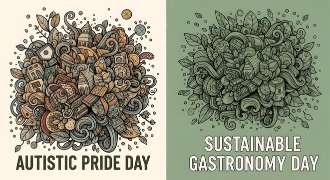 Autistic Pride Day and Sustainable Gastronomy Day Dual Banner with Intricate Hand Drawn Doodle Art on June 18