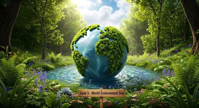 World Environment Day Banner with Mossy Earth Globe in Lush Forest Lake on June 5