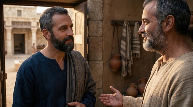 Two bearded men in ancient religious attire talking in stone building near synagogue. Biblical scene recreation of apostle Paul and Justus speaking. Historical faith community concept.