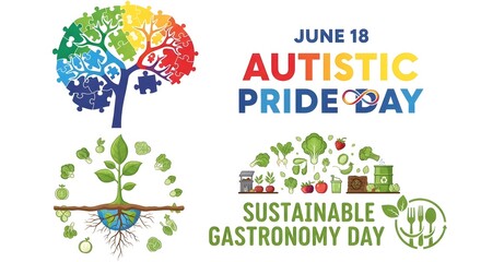 Fototapeta premium June 18 Dual Awareness Banner for Autistic Pride Day and Sustainable Gastronomy Day