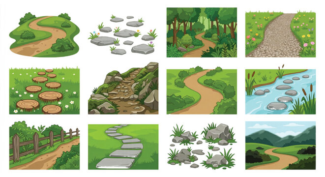 Cartoon nature landscape path collection, 12 vector garden walkway and forest trail illustrations, scenic park road and stepping stone assets