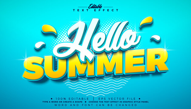 Hello Summer Editable Text Effect Design Vector Graphic Style with Beach Elements and 3d Typography Lettering on Blue Background. Premium Vacation Holiday Illustration Template for Banner, Greeting