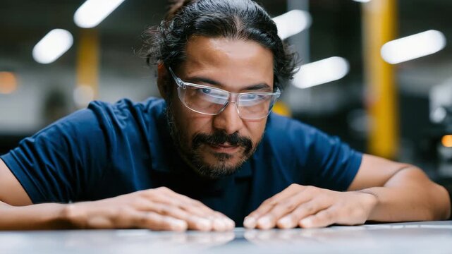 Industrial manufacturing worker performing close inspection of metal sheet in factory for background and banner design focused on quality control