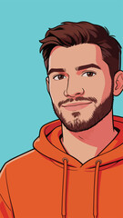 Obraz premium Cartoon Portrait of Young Adult Bearded Man in Orange Hoodie