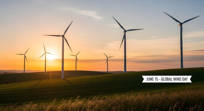 Global Wind Day Banner with Wind Turbines on Rolling Green Hills at Golden Sunset