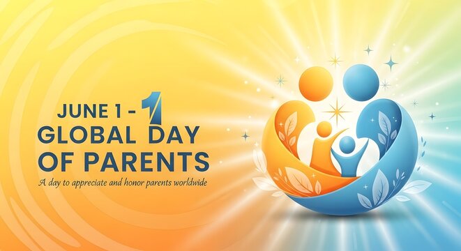 Global Day of Parents Banner with Stylized Family Emblem and Vibrant Sunburst Background on June 1