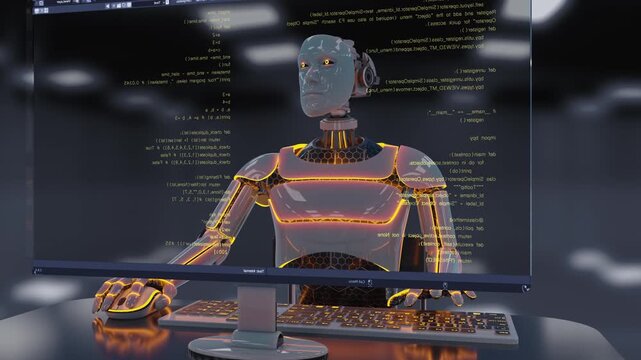 Futuristic humanoid robot working on computer and writing code. Seamless loop of an artificial intelligence programmer in a high-tech office. Digital innovation and technology development concept