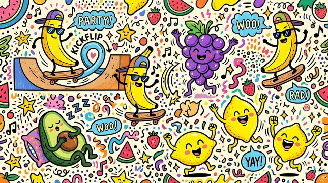 A playful doodle seamless pattern featuring funny fruit characters skateboarding on a ramp, jumping, and dancing with lemons, bananas, grapes, and an avocado