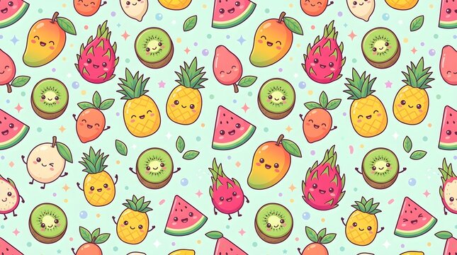 A bright seamless pattern background featuring adorable smiling tropical fruit characters including dragon fruit, kiwi, pineapple, mango, and watermelon on a light mint green background.