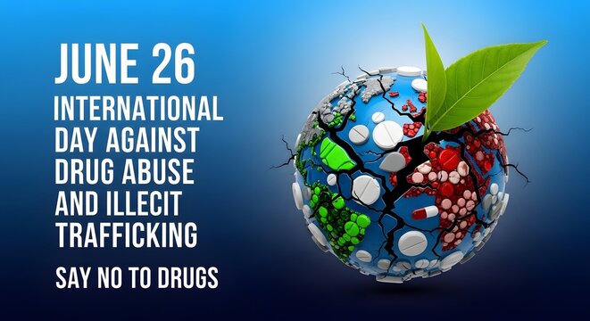 June 26 International Day Against Drug Abuse and Illicit Trafficking Banner with Textured Earth Globe and Sprout
