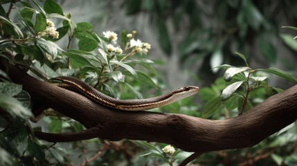 Fototapeta premium Slender Snake on Branch Surrounded by Green Foliage and Flowers