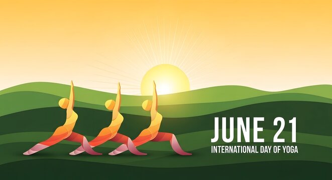 June 21 International Day of Yoga Banner with Stylized Figures in Warrior Pose on Green Hills at Sunrise