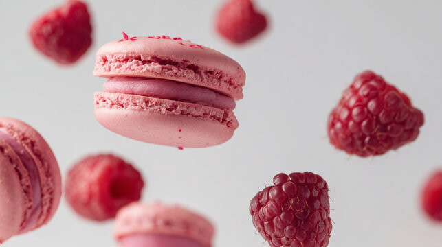 ラズベリーとピンクマカロンの浮遊 / Floating Raspberries & Pink Macarons