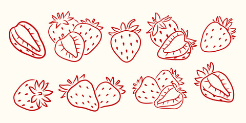 Cute strawberry doodle clipart set. Hand drawn berry sketch collection with whole and sliced strawberries. Minimal fruit stickers for summer design, food packaging. Vector illustration © Huma Fida