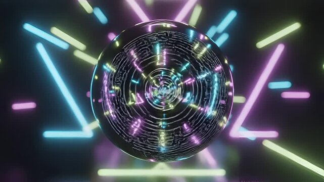 Abstract Neon Sphere Pulsating with Geometric Light Beams.