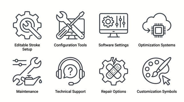 A collection of outline style icons representing various technical and support concepts.
