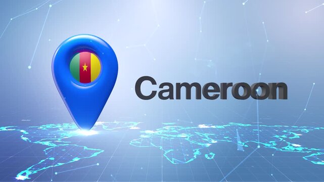 Cameroon Flag Inside Location Pin On Digital World Map Animation