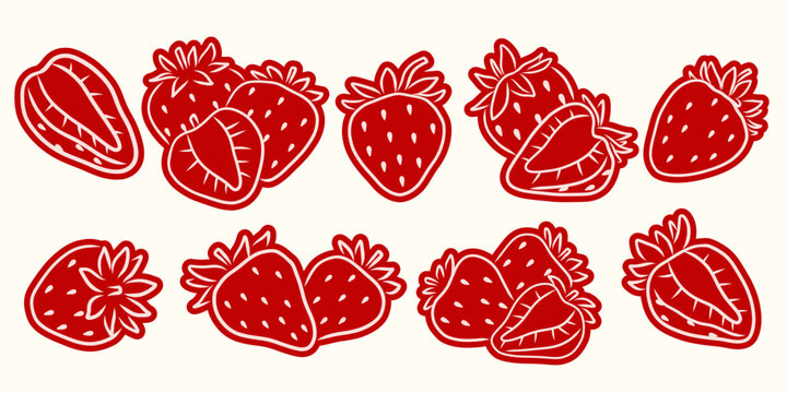 Cute strawberry doodle sticker set. Hand drawn berry sketch collection with whole and sliced strawberries. Minimal fruit stickers for summer design, food packaging. Vector illustration