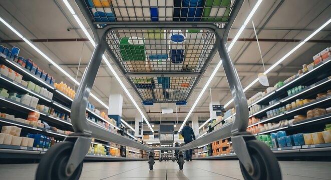 Low angle view of shopping cart in modern supermarket aisle with retail store interior