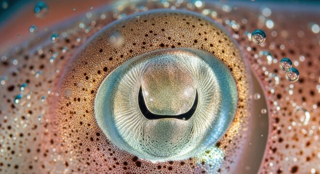Extreme Macro Close-up of a Squid Eye with Iridescent Iris and Chromatophores Underwater with Bubbles