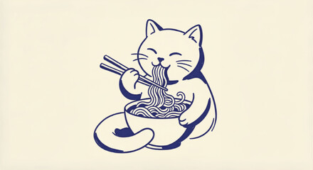Minimalist Japanese cat eating ramen noodles vector, cute feline character with chopsticks and bowl, navy blue line art on cream background © Muhammad