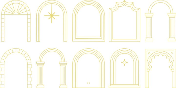 Collection of Golden Outline Architectural Arches and Doorways Featuring Diverse Decorative Elements