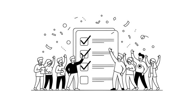 People celebrating successful teamwork and checklist completion.