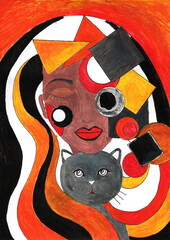 A striking combination of Cubism and naive art. The composition centers on a woman's face, blending into abstract geometric shapes, and the head of a gray cat in the foreground.