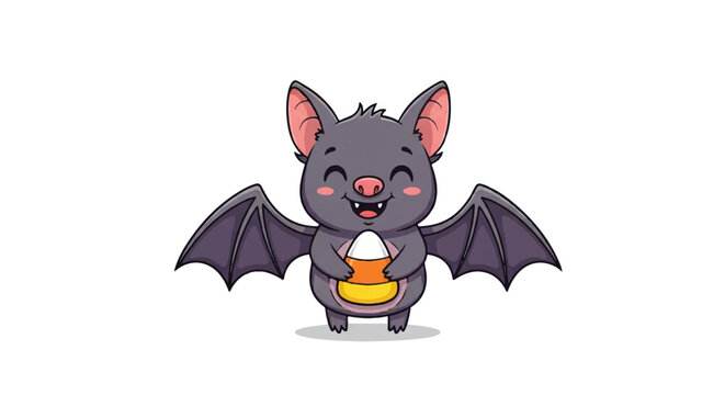 Playful gray bat character smiling while holding a carrot, a cute fantasy animal illustration.