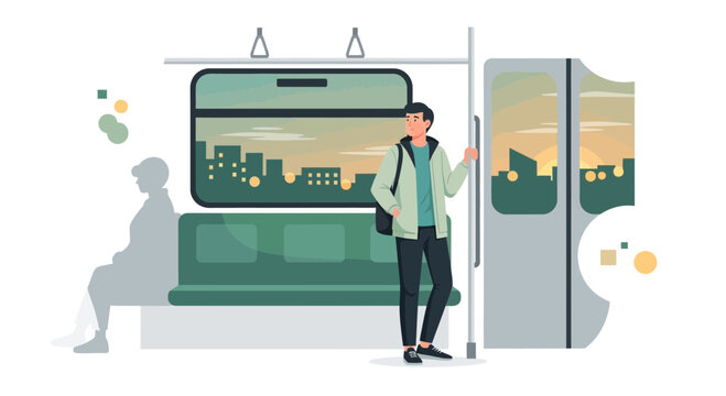 Man in modern subway car with city view at sunset