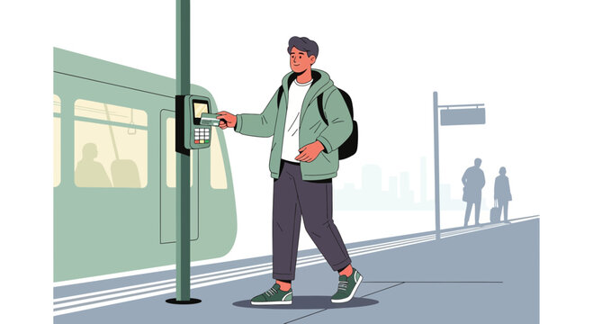 Man using modern ticket validator at train station, checking digital pass