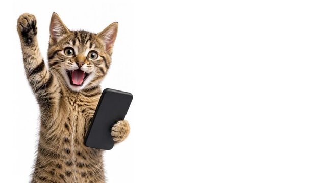Success reaction excited tabby kitten holding smartphone, horizontal video