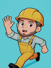 Fototapeta premium Cartoon Construction Worker Running and Waving Hand