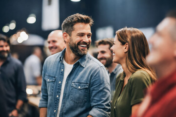 Fototapeta premium Business people smiling and talking during lively networking event in a modern conference venue, creating a cheerful corporate atmosphere.