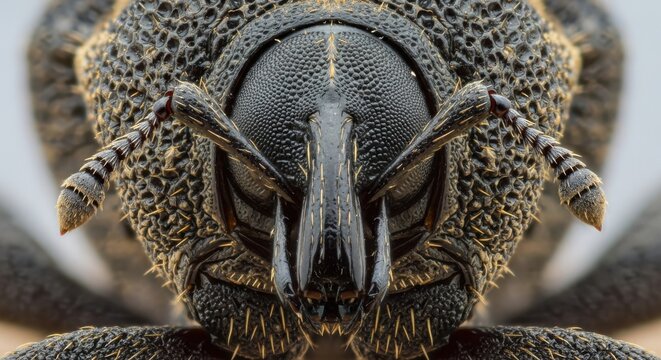 Extreme Macro Portrait of a Weevil Beetle Showing Intricate Exoskeleton Texture and Compound Eyes