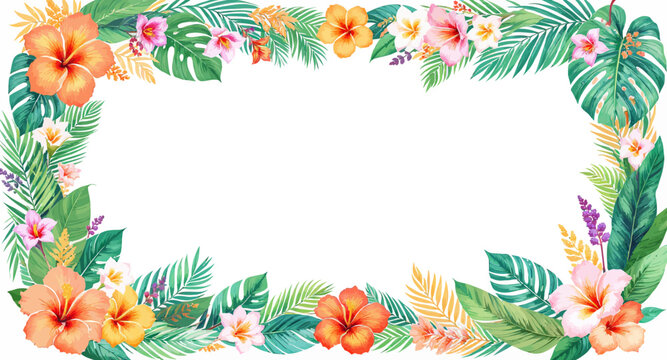 Tropical floral border with hibiscus and palm leaves for summer design