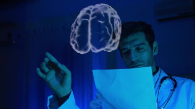 Human brain Virtual hologram. man Physician Examine Holographic Body Models. Medical technology and hospital care treatment. Nanoscale Diagnostics, Disease diagnosis and treatment technology